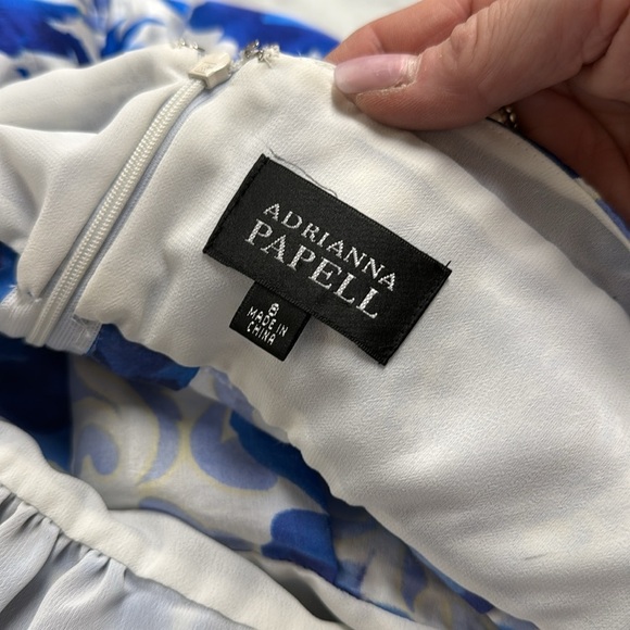 Adrianna Papell Blue and White Floral Print Silk Halter Neck Dress Size 8 - Picture 5 of 9